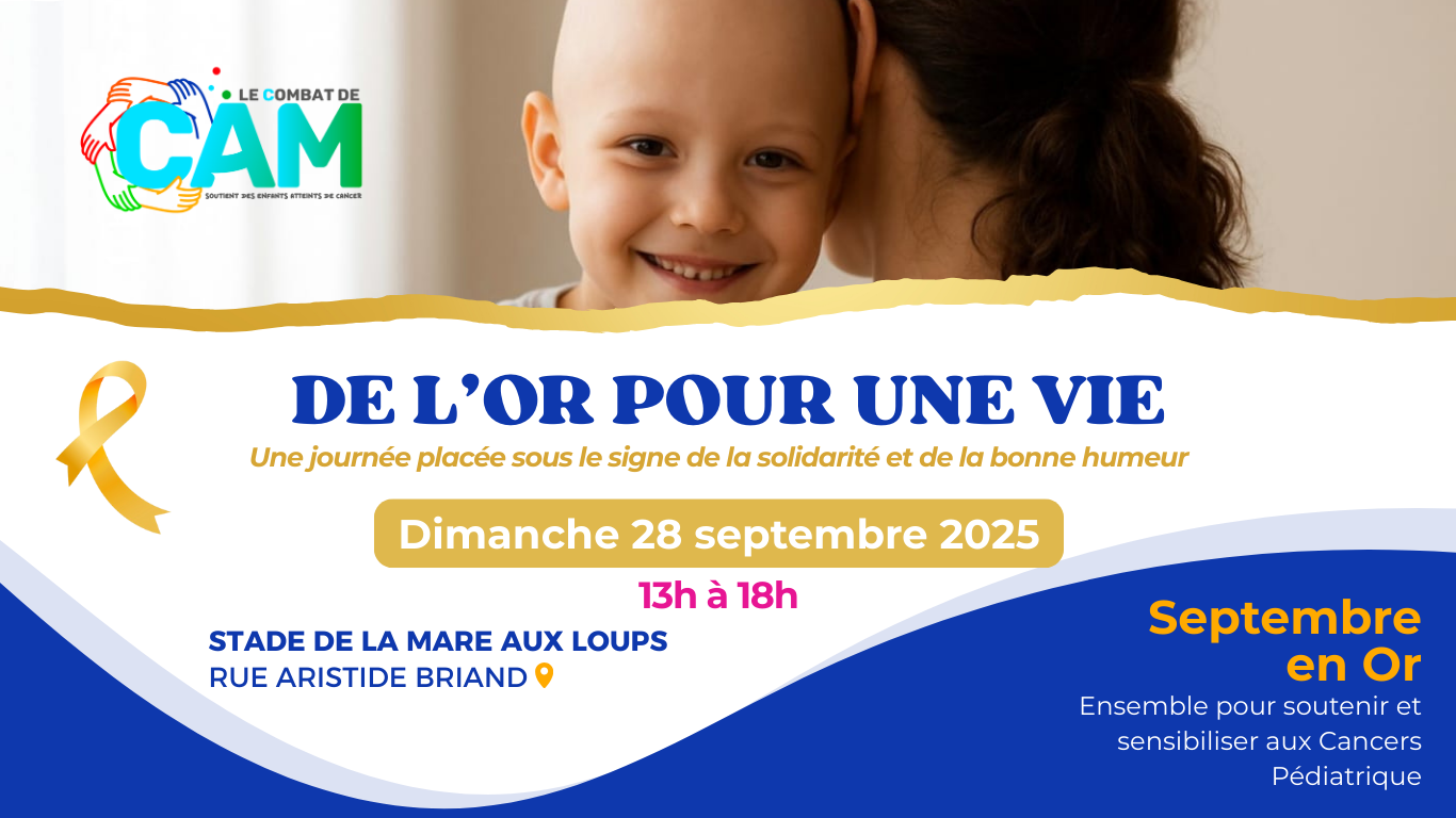 Visuel- De l'or pour une vie 2025 - Enfant souriant et programme de la journée- Le combat de Cam